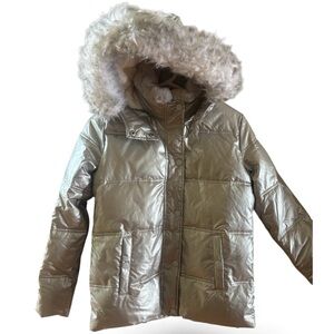 Abercrombie Kids Silver Puffer Jacket with Faux Fur Hood Size 13/14 EUC